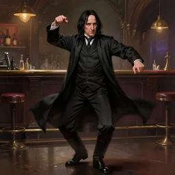 Severus Snape dance in a bar, realistic, digital painting, artstation, cyberpunk, full body, very detailed, super realistic