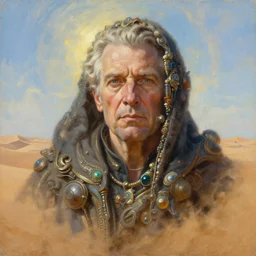 portrait oil painting, perfect expression, subconscious connects, purified consciousness, newt gingrich, dune, fantasy character portrait, ultra realistic, wide angle, intricate details, mass effect, artifacts, luminous skies, highly detailed, michael cheval, peter mohrbacher, boris vallejo, jessica rossier, oil painting, highly detailed, cinematic lighting, unreal, natural tpose