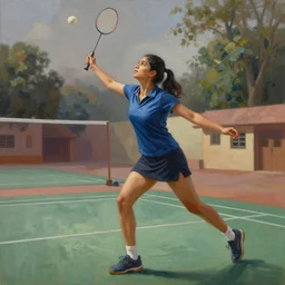 oil painting of isha jain playing badminton at college
