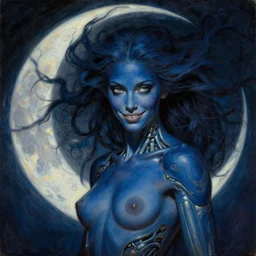 beautiful biomechanical moon goddess, flowing hair, intense stare, sweet sarcastic smile, dark blue skin, concept art, realistic oil painting by gustave dore,