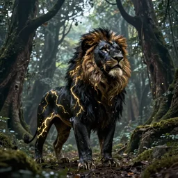 beautiful black lion with gold lightnings on the body in the middle of a huge ancient forest, low angle, epic cinematic shot, sharp focus, hyperdetails, concept art,  artstation, cgsociety, 8k, illustration, by magali villeneuve and raphael lacoste