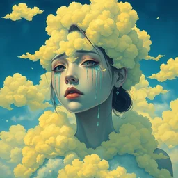 maximalist crying woman!!!! fully covered in yellow and blue clouds!!!, disarming, enchanting, fragile, hopeful, cloudcore, portrait, gapmoe yandere grimdark, trending on pixiv fanbox, painted by makoto shinkai takashi takeuchi studio ghibli, akihiko yoshida