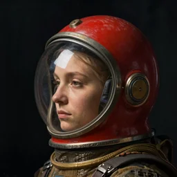 a woman's face in profile, wearing a red glass space helmet, in the style of the dutch masters and vaughan oliver, dark and moody