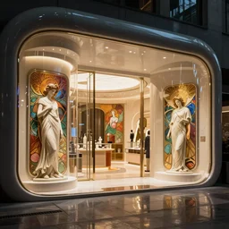 a futuristic luxury boutique by artgerm and greg rutkowski and alphonse mucha, zaha hadid, volumetric light, detailed, octane render, midsommar