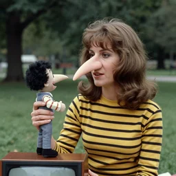 1970 woman on tv show with a long prosthetic snout nose, big nostrils, wearing stripes in the park 1970 color archival footage color film 16mmwith hand puppet Fellini Almodovar John Waters Russ Meyer Doris Wishman