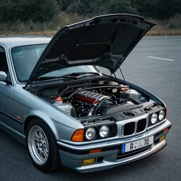 A Bmw e36 with a open hood with a w16 engine, cinematic photography, taken with a DSLR camera