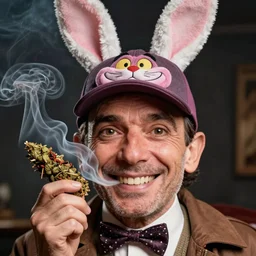 hyper realistic, close up portrait of a derpy mr. bean, big chungus, with bunny ears, and a cheshire cat hat, smoking massive amounts of weed, big smile, buck teeth, by greg rutkowski, scott m fischer, artgerm, loish, slight glow, atmospheric, anne stokes, alexandros pyromallis, 4 k, 8 k