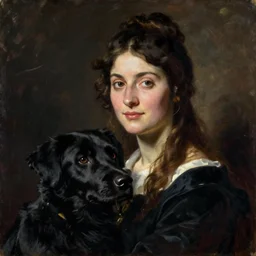 portrait of a woman with black dog. painting by john everett millais