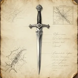 technical drawing of a cursed rapier, weapon design, flower adorned, delicate, detailed map, notes, scribbles, old paper