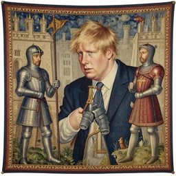 bayeux tapestry with [ boris johnson as a knight ] in the style of bayeux tapestry