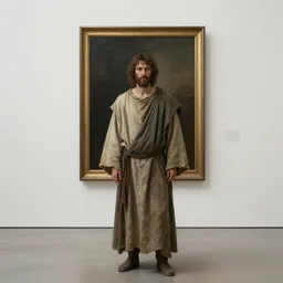 ancient man wearing old crumpled robe in front of the framed painting in the minimalistic liminal art gallery, photorealistic, highly detailed, digital painting, cinematic lighting, by stalenhag and rutkovski and beksinski