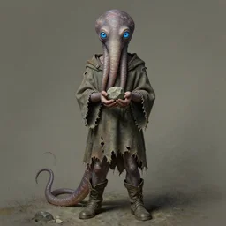 A detailed blue-eyed tentacleheaded human stands with a pebble in hands. Wearing a ripped mantle and boots. Extremely high details, realistic, fantasy art, solo, masterpiece, art by Zdzisław Beksiński, Arthur Rackham, Dariusz Zawadzki