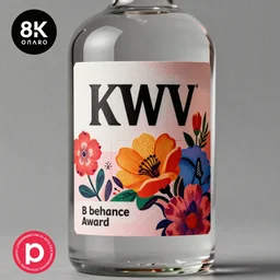 kwv label on a gin bottle : : behance award, package design, label design, typography, pinterest : : vivid colours, floral detail, smooth, sharp focus, realistic, detailed, black illustration, label design, octane render, 8 k