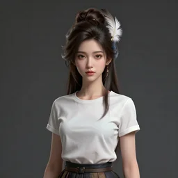 Perfectly-Centered Portrait of a Young Woman Wearing Feather in Hairs and t-shirt and skirt, intricate, elegant, super highly detailed, professional digital painting, artstation, concept art, smooth, sharp focus, no blur, no dof, extreme illustration, Unreal Engine 5, Photorealism, HD quality, 8k resolution, cinema 4d, 3D, beautiful, cinematic, art by artgerm and greg rutkowski and alphonse mucha and loish and WLOP
