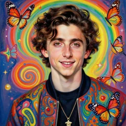 ethereal Timothee Chalamet+stars+semi-realism painting: psychedelic+j.c. leyendecker+colorful+smiling+🦋🥳🌈+concept art