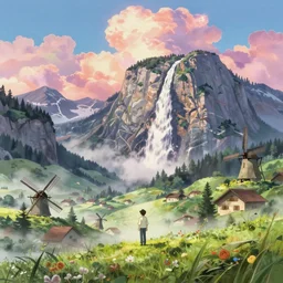 memorable animation key shot, lone man, valley, staubbach fall, lauterbrunnen, dutch windmills, by mandy jurgens, by satoshi kon, ilya repin, lena aenami, shinji kimura, daylight pastel color palette, vibrant clounds, grass, mist