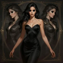 a highly detailed illustration of beautiful tan woman wearing black dress with black hole eyes, dramatic elegant pose, art by artgerm and greg rutowski and ilya kuvshinov, intricate, elegant, highly detailed, centered, digital painting, artstation, concept art, smooth, sharp focus, league of legends concept art, wlop