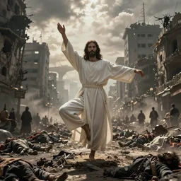jesus christ in a white robe strikes a dramatic dance pose on dead bodies in streets of an apocalyptic metropolis destroyed after war, fantasy art, dramatic lighting, insane details