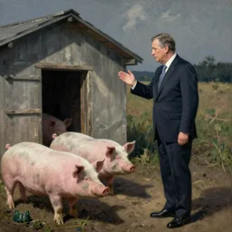 viktor orban greeting the pigs in front of the pig house, by edward hopper