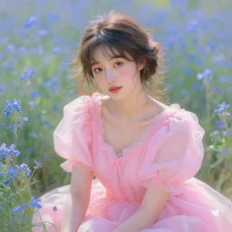 a portrait of a beautiful woman, intimate, lovely, painting by antoine blanchard and charles camoin, digital painting, faded color disposition, vibrant neon pastel, pink dress, field of blue flowers, magical, aesthetic