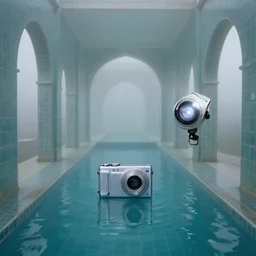 Beautiful Fuzzy wide-eye-lens 15mm, harsh flash, cameraphone 2002, Photograph of an tiled infinite foggy foggy foggy liminal pool pool hallway hallway hallway with archways and water on the floor