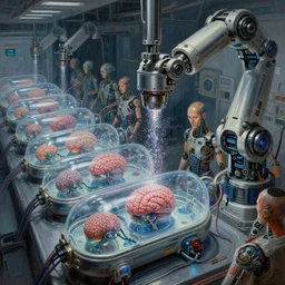 a dieselpunk painting of rows of futuristic cryonic see through tanks with brains in them attached to wires, which are attached to trans cyborg humans and the thick _ bifurcated _ robotic _ cnc _ surgical _ arm _ cybernetic _ symbiosis _ hybrid _ mri is sprinkling something sparkly in one of them. hyper realistic. octane render, art station detailed hard surface modelling. cyborg. human bio body parts. painting _ by _ adrian _ ghenie _ and _ gerhard _ richter. _ art _ by _ james _ gurney. mast.