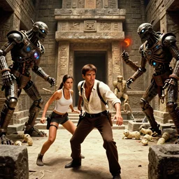 color cinematic still from a 1 9 8 1 action - adventure blockbuster by george lucas. indiana jones is exploring ancient epic labyrinthine mayan temples together with christian marie serratos as lara croft, and they are attacked and terrorized by steampunk mechanical stone golems and demonic mummies. deadly traps and evil magic curses.