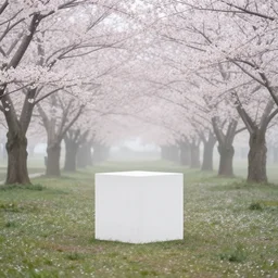 a photograph of a white concrete cube sitting center frame in the middle of a cherry blossom forest, foggy, liminal