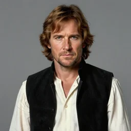 upper body portrait of hugh laurie as han solo in star wars from 1 9 7 7, wearing han solo's clothes, wearing a black vest and a white shirt, hyperrealistic, very detailed painting by glenn fabry, by joao ruas, by artgerm