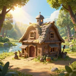 small house of an inventor,  fantasy steamunk elements, barn, sand, shining sun, river, magic, sunlight rays, with  trees and plants around  Darek Zabrocki, Karlkka, trending on Artstation, 8K