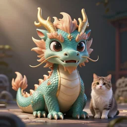 a photo of a cute eastern dragon with big eyes and friendly + a cute cat