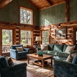 photo of elegant, sophisticated redneck hunter's log cabin living room natural lights home interior blue, green brown colors cozy wood furnitures