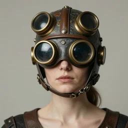 portrait of a woman with a steampunk helmet that covers her eyes, by nikolay makovsky.