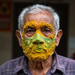 an elderly man wearing a mask made from curry, bold natural colors, national geographic photography, masterpiece, 8 k, raw, unedited, symmetrical balance