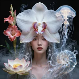 3 d head shot portrait of the face of a beautiful princess, giant orchid flower, giant gladiola, giant lotos, high contrast and sharpness, jellyfish face skull phoenix bird, translucent, nautilus, smoke and water energy flow. highly detailed, epic. octane render, excellent composition, by wlop, tooth wu, greg rutkowski, beeple