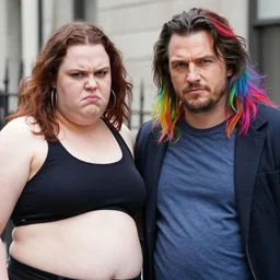 obese henry cavill with rainbow painted long hairs, standing next to very obese angry feminist, real photograph on the street, close up shoulder height shot