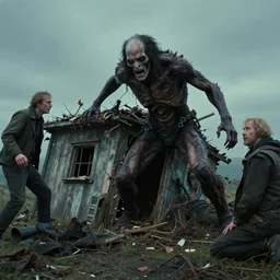 the creature, crushes a cabin, film still from the movie directed by denis villeneuve and david cronenberg with art direction by bernie wrightson, h. r. giger, and tim white
