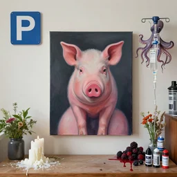 “ a portrait in a female art student ’ s apartment, parking sign, sensual, a pig theme, art supplies, surgical iv drip, octopus, ikebana, herbs, white candles dripping white wax, squashed berries, berry juice drips, acrylic and spray paint and oilstick on canvas, surrealism, neoexpressionism ”