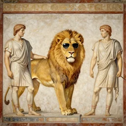 a lion with sunglasses, ancient roman painting, fourth style, third style, second style, pompeii
