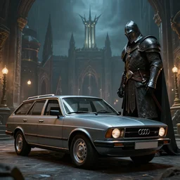 Armored Audi 80 B3 Avant (1988) facing off a dark knight, The Elder Scrolls III: Morrowind, an epic fantasy, Morrowind, Vivec City, dramatic lighting, cinematic, establishing shot, extremely high detail, photorealistic, cinematic lighting, artstation, by simon stalenhag