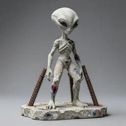 a broken concrete statue of an alien with 4 legs made with rebar and vandalized with spray paint, cracks, studio lighting, 8 k, hd, realistic, no face