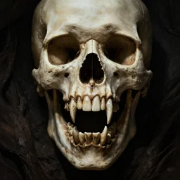 a skull with incredibly long sharp teeth, detailed, cgi, dark atmosphere, horror, by gustave dore, by emil melmoth, trippy, epic, symmetrical - h 8 3 3