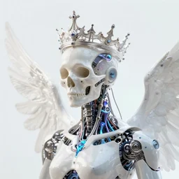 ai biomech humanoid, ethereal ultralight skull king with crown mechanism, quantum physics, angelic and unsettling, wires, veins, ferrofluid, bismuth, style blend of hideo kojima, shepard fairey, and botticelli, city backdrop is a blend of the vatican, neo - andean architecture and brutalism, 4 k photorealistic, ultra fine inklines