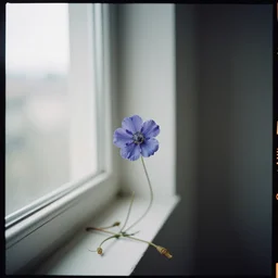 kodak portra 4 0 0, blueberry, 1 9 2 0 s style, long shot, photo of flower and dead near by a window a room with concrete walls, tiny gaussian blur, depth of field