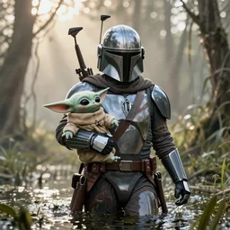 mandalorian carrying grogu through swamp, stunning cinematography, light diffusion