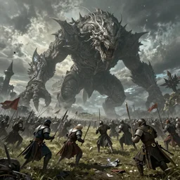 Medieval army fighting a giant monster in the sky, hd, intricate, Greg Rutkowski, Elden Ring, 8k, digital art