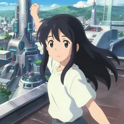 anime film visual of a young long black haired girl wearing shirt sightseeing futuristic seoul standing on rooftop, cute face by ilya kuvshinov, makoto shinkai, kyoto animation, dynamic perspective and pose, detailed eyes, less nose, crisp and sharp cel shade