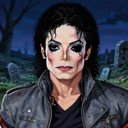 michael jackson!!!! realistic dramatic !big face realistic close up concept art  of michael jackson gray zombie jacket as a dragon ball Z  character,dark eye sockets,  graveyard landscape at night , 4k anime character illustration by akira toriyama, artstation