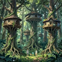 concept art science fiction fantasy painting of a forest with treehouses made of trees and roots, treehouses inside trees, vines, deep forest, realistic, detailed, cel shaded, in the style of makoto shinkai and greg rutkowski and james gurney