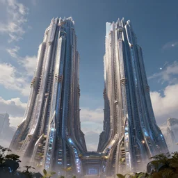 beautiful illustration of a beautiful painted of the two towers, science fiction, 4 k detailed, crystal lighting, highly detailed, hyperrealistic, unreal engine